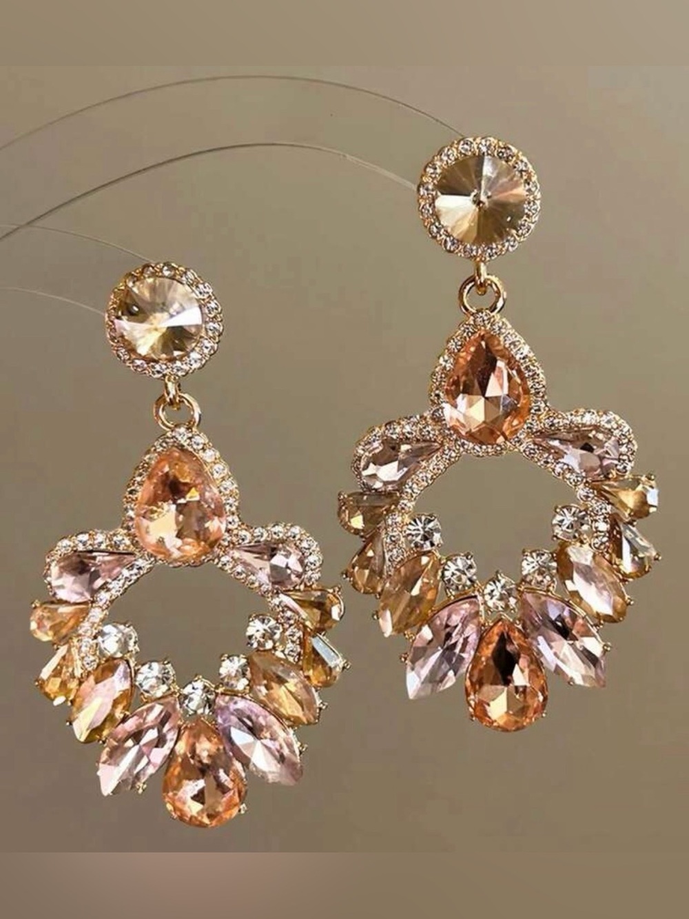 Champagne Crystal Statement Earrings Gold Tone Chandelier Drop Earrings